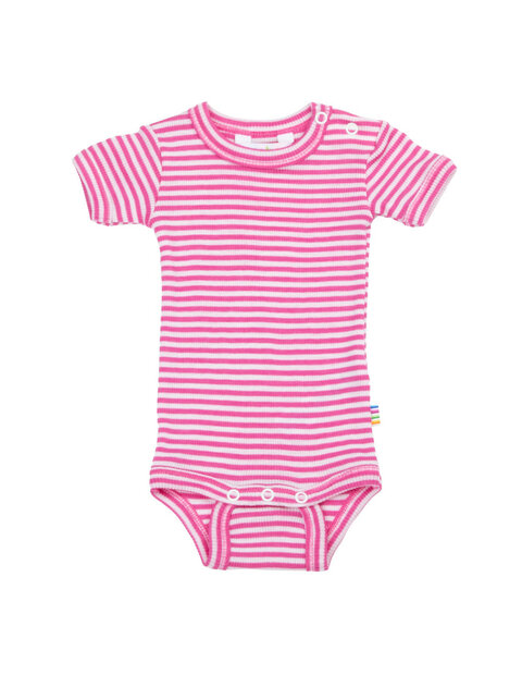 Vrolijke romper met korte mouw in roze (merinowol-zijde)