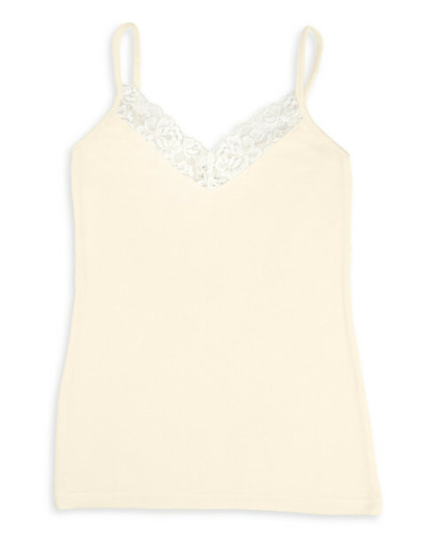 Naturel hemdje met spaghettibandjes en kantje (wol-zijde)