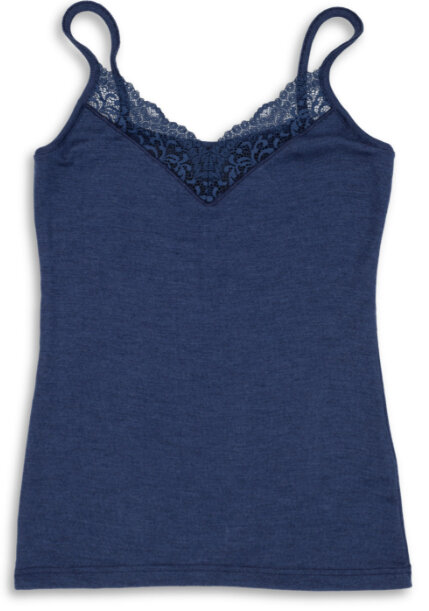 Blauw hemdje met spaghettibandjes en kantje (wol-zijde)