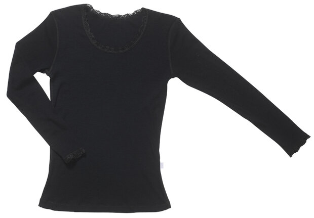 Dames longsleeve van Merinowol met kantje in zwart