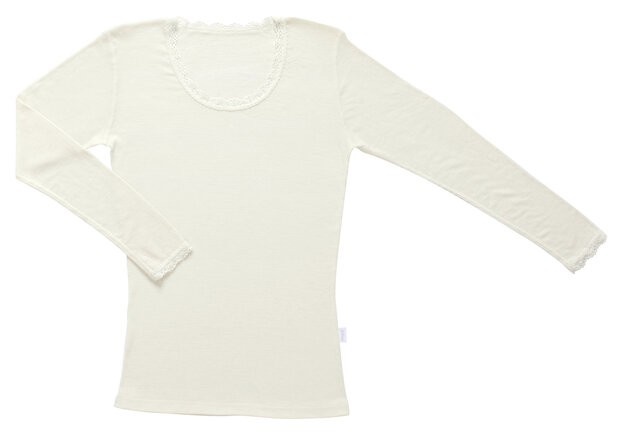 Dames longsleeve van Merinowol met kantje in naturel