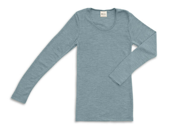 Dames longsleeve in berg blauw - mountain blue (wol-zijde)