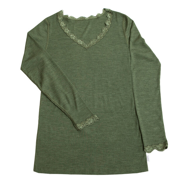 Dames longsleeve met kantje in groen (wol-zijde)