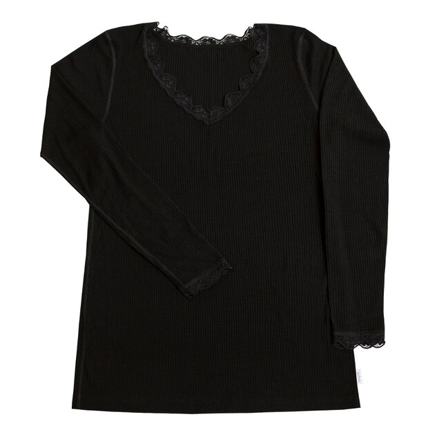 Dames longsleeve met kantje in zwart (wol-zijde)