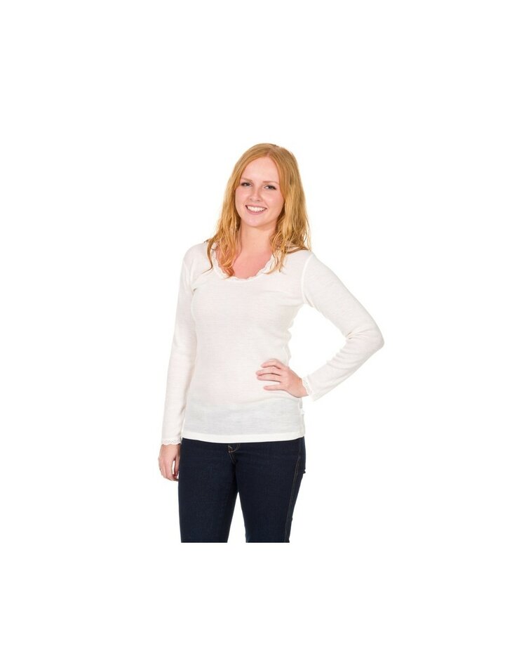 Dames longsleeve van Merinowol met kantje in naturel