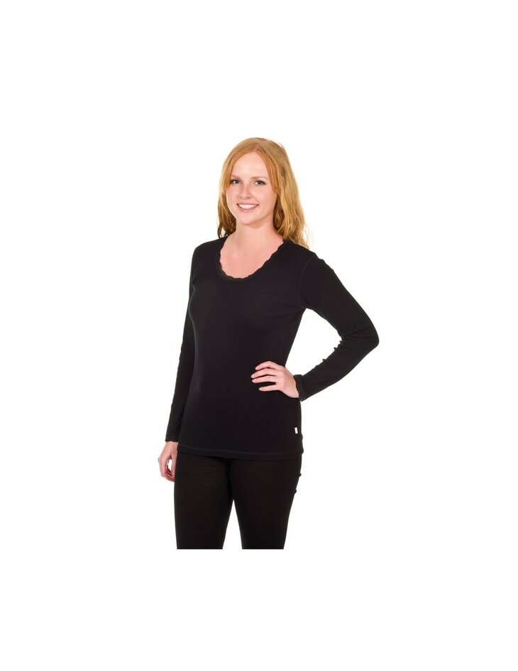 Dames longsleeve van Merinowol met kantje in zwart