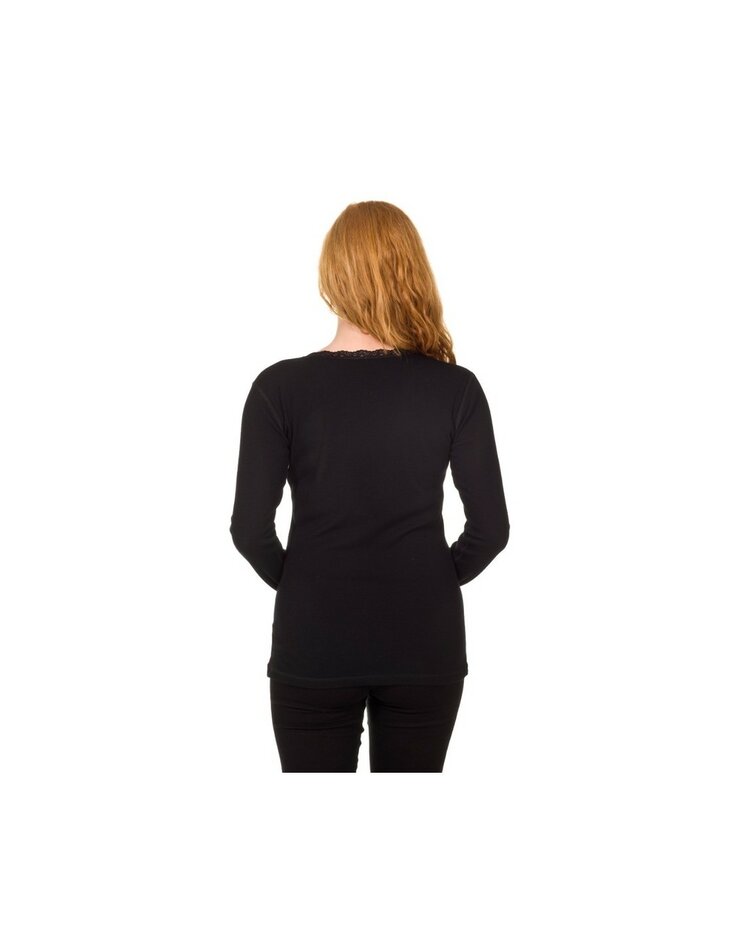 Dames longsleeve van Merinowol met kantje in zwart