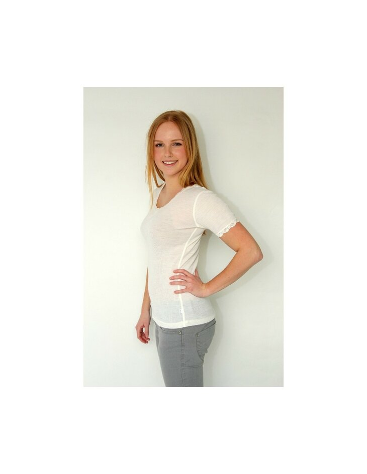 Dames T-shirt van Merinowol met kantje in naturel