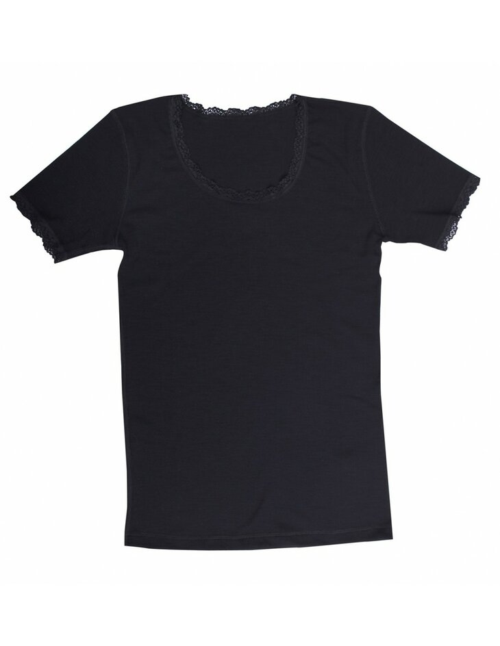 Dames T-shirt van Merinowol met kantje zwart