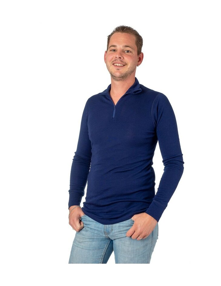 Herenshirt met rits in blauw (Merinowol)