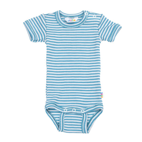 Vrolijke romper met korte mouw in blauw (merinowol-zijde)