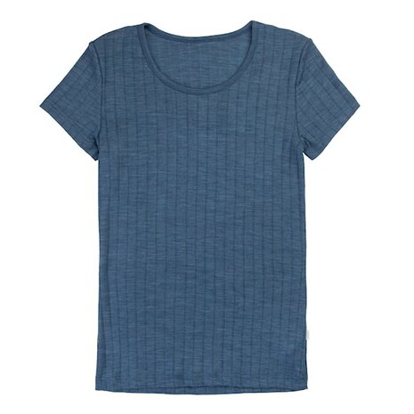 T-shirt in blauw melange (merinowol-zijde)
