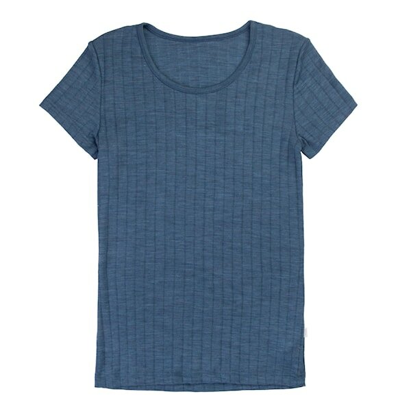 T-shirt in blauw melange (merinowol-zijde)